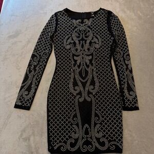 Windsor Womens Black Studded Mesh Long Sleeve Bodycon Mini Dress cocktail Medium